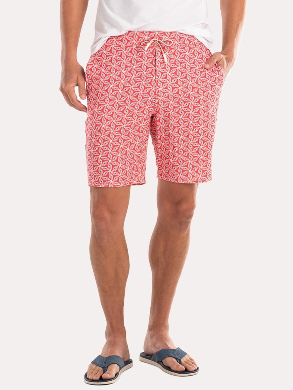 johnnie-O Men's Sanibel Half Elastic Surf Short Coral Red Patterned Swim Trunks